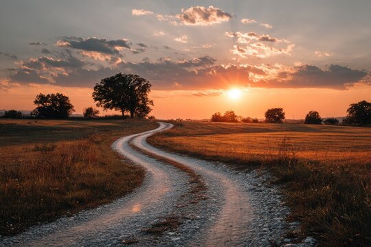 Winding dirt road at sunset