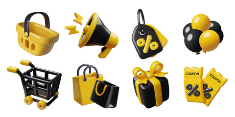 3d shopping and sale icons collection. Black and yellow three dimensional vector illustrations isolated on white background. 