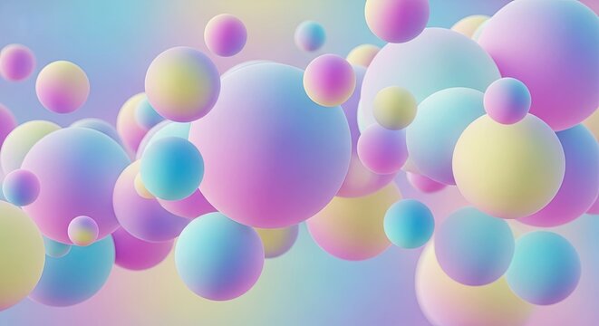 Floating pastel spheres in soft, gradient hues create an abstract and dreamlike composition, perfect for modern digital backgrounds and decorative art with a vibrant yet gentle aesthetic