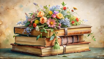 Stack of old books adorned with a vibrant bouquet of fresh flowers and greenery