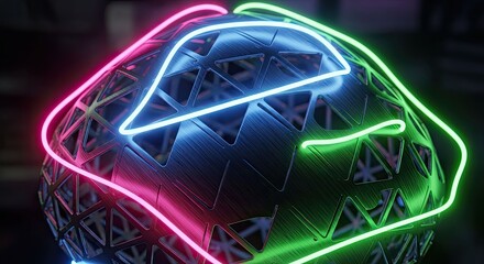 Dynamic Neon Light Trails Illuminate a Futuristic Geometric Sphere, Creating an Abstract and Vibrant Digital Art Piece with Glowing Pink and Green Energy Lines