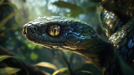 Fototapeta premium Close-up venomous snake in lush rainforest