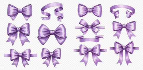 An elegant collection of illustrated purple satin bows and swirling ribbons in various decorative styles.