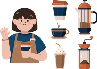 Collection of Barista with Cup of Coffee Illustration Element Barista, French Press, Coffee Mill and Frappuchino