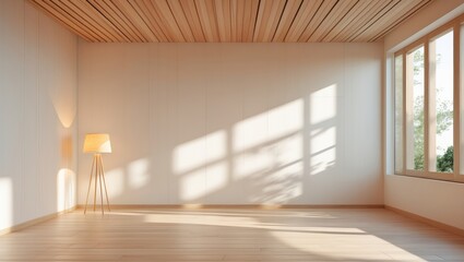 Obraz premium Empty room with sunlight and shadows, natural lighting, minimalist interior, Scandinavian design, bright space.