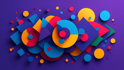 Vibrant abstract composition of colorful geometric shapes including circles triangles and squares scattered and layered against a deep purple background creating a dynamic and playful visual