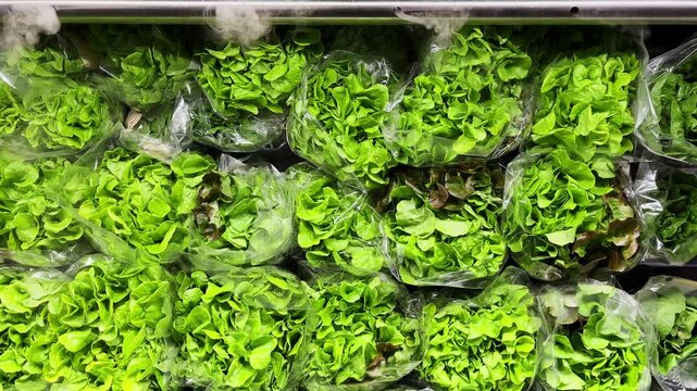 Bags of crisp green lettuce are neatly arranged on a store shelf with refreshment water sprinkle system