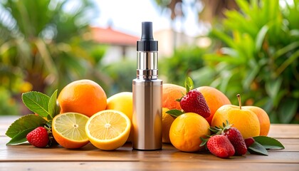 Fruit and E-cig on Wooden Table