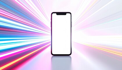 mock up smartphone with glowing neon motion trails, powerful fashion sport look, dramatic lighting, white background with copy space