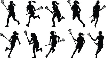 Black silhouettes of female lacrosse players, running with sticks, team sport icons, athletic women, competitive action, vector illustrations ©  Creative vectors
