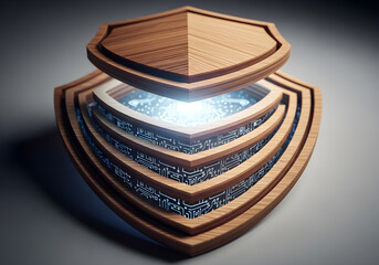 Sophisticated layered wooden shield design with glowing digital core offering security, protection, and innovative technology solutions for modern business and data integrity