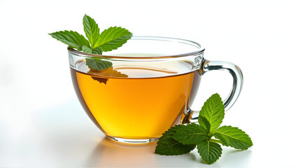 A clear glass cup of hot, refreshing mint tea with fresh mint leaves.