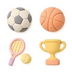 Sports clay pastel icons set isolated on transparent background soccer ball basketball tennis racket with ball and trophy soft 3D style