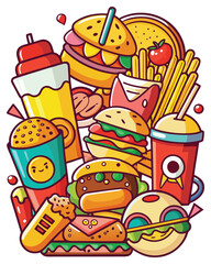 Cute Food Cartoon Icons – Burger, Pizza, Fries & Drinks Vector Pack