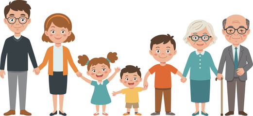 Cartoon family generation illustration, happy grandparents, parents, and kids standing together, ideal for education, family values, and diversity designs