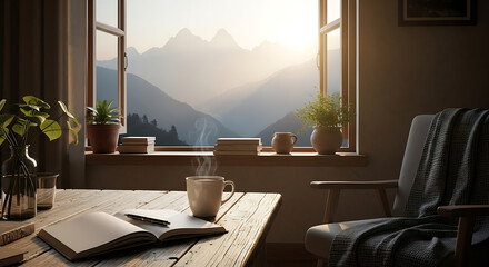 Fototapeta premium Cozy morning scene with coffee and book overlooking mountain view