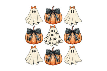 Cute Ghost and Gothic Pumpkin Seamless Pattern. Halloween design with black lace bows for spooky coquette fabric sublimation 