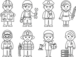 Cartoon illustration of kids dressed as professionals, police, doctor, engineer, teacher, firefighter, judge, builder, student, mechanic