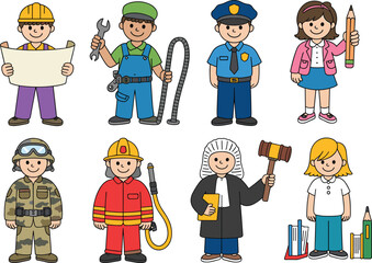 Cartoon illustration of kids dressed as professionals, police, doctor, engineer, teacher, firefighter, judge, builder, student, mechanic