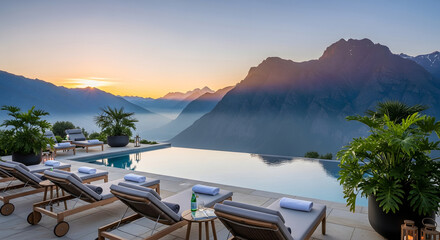 Luxurious outdoor living space featuring a stunning infinity pool, comfortable lounge chairs, and an awe-inspiring mountain vista at dawn, embodying peace and natural beauty