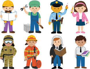 Cartoon illustration of kids dressed as professionals, police, doctor, engineer, teacher, firefighter, judge, builder, student, mechanic