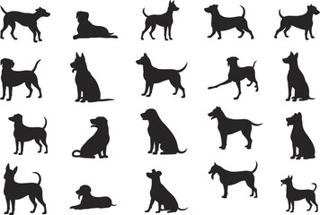 Collection of Dog Silhouettes, Pet Icons, Black Canine Figures, Sitting and Standing Dogs, Vector Illustrations, Animal Graphic Design Elements