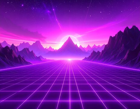 Vibrant Retrowave Synthwave Landscape with Glowing Neon Grid Floor and Futuristic Mountains Under a Purple-Pink Sky Meeting Background