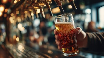 Close-up of male hands pouring fresh beer from the tap into a glass, with a busy bar atmosphere in the background and a customer waiting..