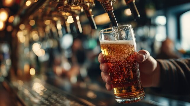 Close-up of male hands pouring fresh beer from the tap into a glass, with a busy bar atmosphere in the background and a customer waiting.. - Powered by Adobe