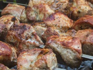 Juicy Grilled Pork Skewers on Barbecue.