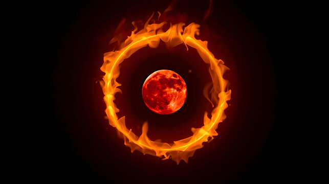 A fiery ring of flames encircles a red moon