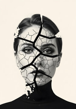 Intriguing portrait of woman with cracked skin effect expressing vulnerability and emotional fragility, symbolizing inner turmoil and mental health challenges, perfect for awareness campaigns