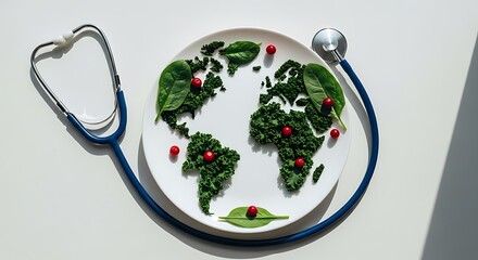 World map made of healthy food on a plate with stethoscope