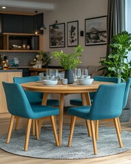 Obraz premium Turquoise chairs at wooden round dining table. Scandinavian home interior design of modern dining room, Generative AI