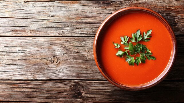 Rustic bowl of vibrant tomato soup on a wooden surface.