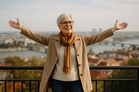 Happy senior woman raises arms on a city viewpoint with river and bridges below, enjoying travel freedom and fresh air.