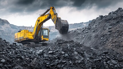 Mining excavator in operation at coal mining site,