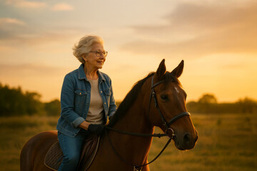 Obraz premium Smiling senior woman rides a brown horse at sunset in a meadow, enjoying equestrian leisure and freedom.