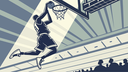 Obraz premium A basketball player in silhouette performs a powerful slam dunk during a game, illuminated by a spotlight.