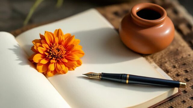 Hindi divas theme open book classic fountain pen clay inkpot and marigold flower for indian culture
