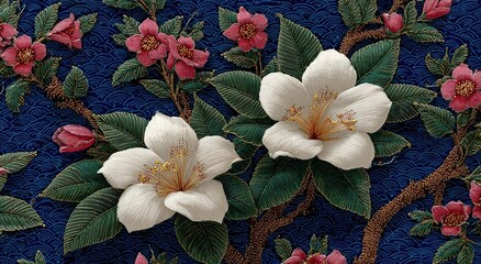 Detailed floral embroidery on a dark blue background