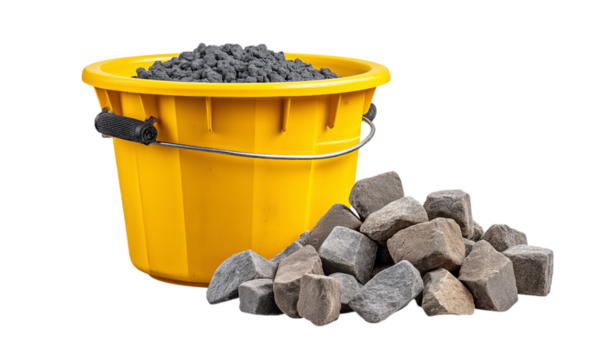 Yellow bucket filled with gravel and scattered stones isolated on a transparent background