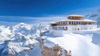 Majestic mountain retreat featuring stunning architecture amidst snow covered peaks winter serenity