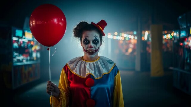 Woman dressed as creepy clown holding a red balloon in a foggy, dark carnival setting. Halloween theme video footage.