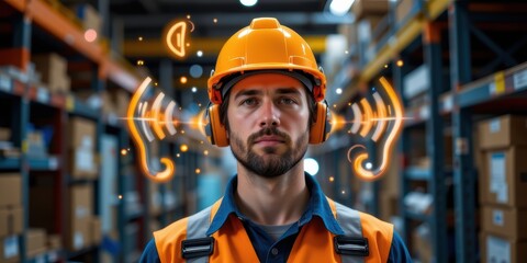 Construction worker in a warehouse wearing safety gear and headphones.