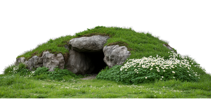 Ancient burial mound with grassy covering and flowers isolated on a transparent background