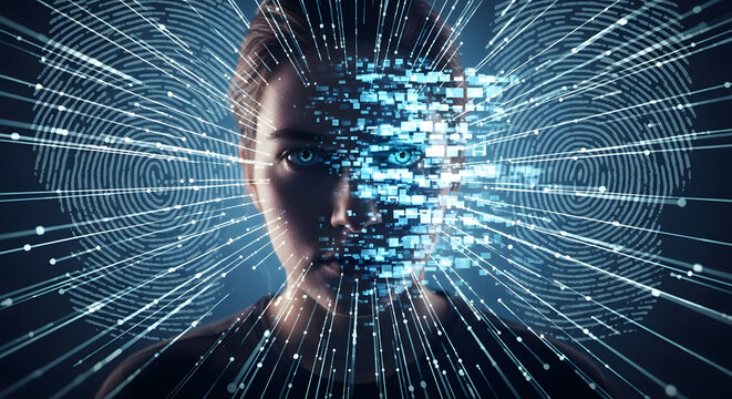 Futuristic digital woman with glowing data streams embodies innovation and transformation, perfect for technology, AI, and cutting-edge concepts in your next campaign