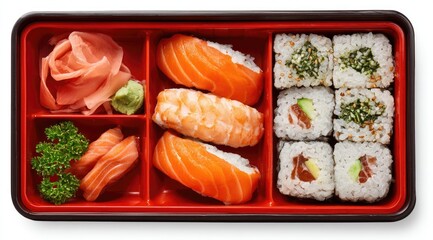 Red bento box with assorted sushi (1)