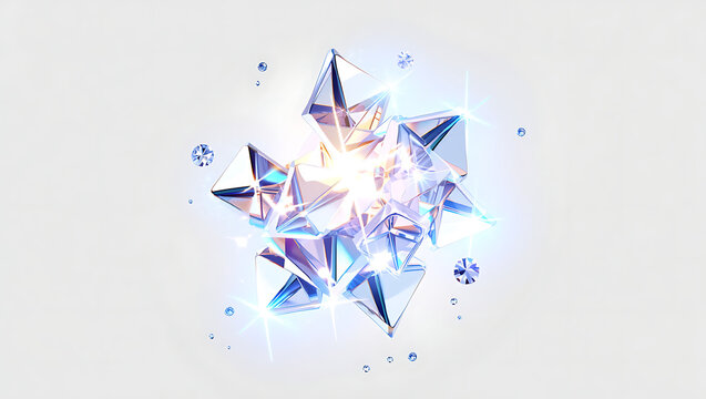 Abstract geometric explosion of iridescent crystal shards and light particles against a clean white background evoking a sense of shattering transformation and radiant energy
