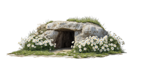 Ancient stone burial chamber entrance with daisies and grass isolated on a transparent background